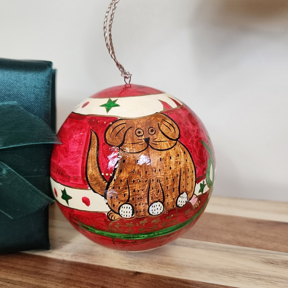 Hand Painted Paper Mache (?) Christmas Dog Ball Ornament with Box